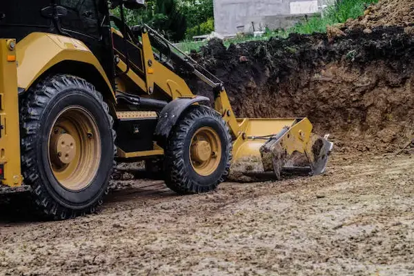 Bulldozer operator leveling land construction site
